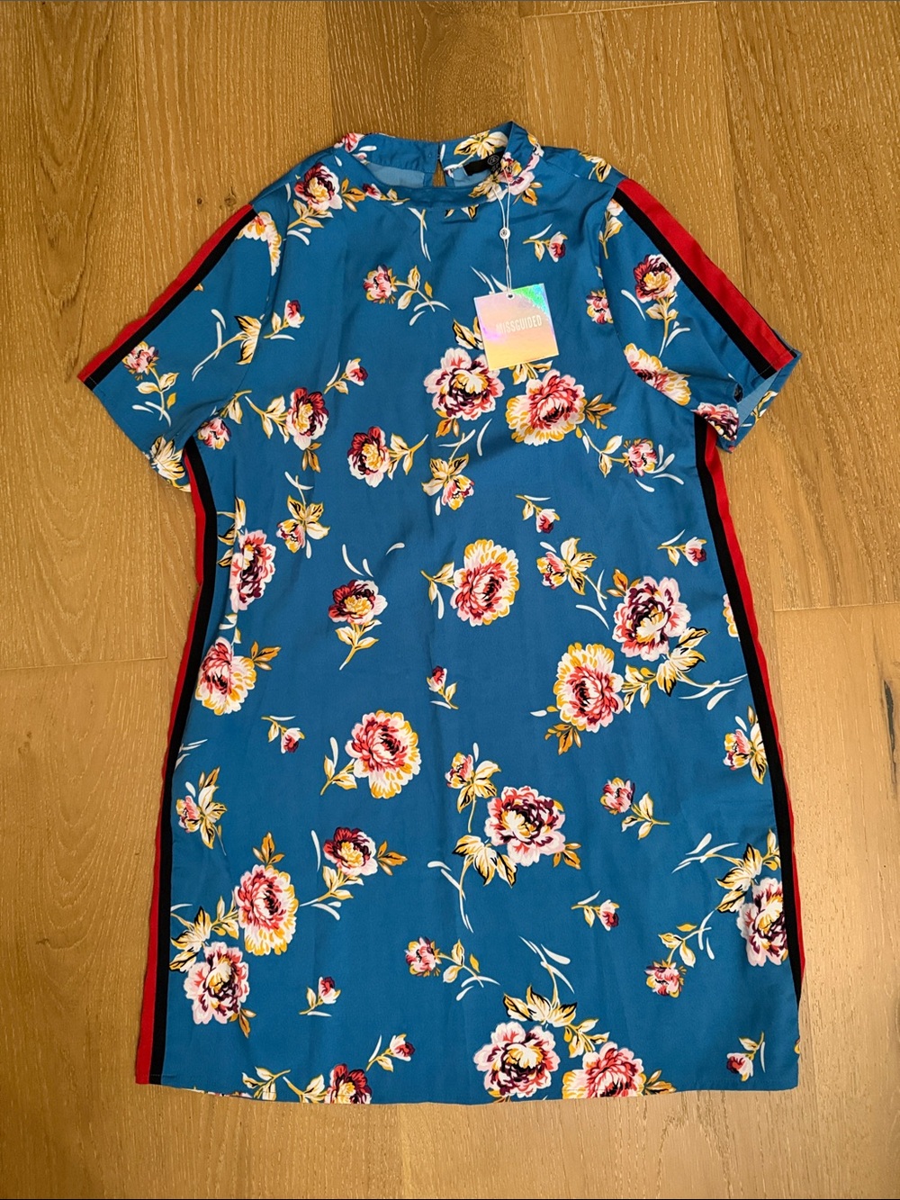 Missguided Blue Floral Dress with Red Side Stripes